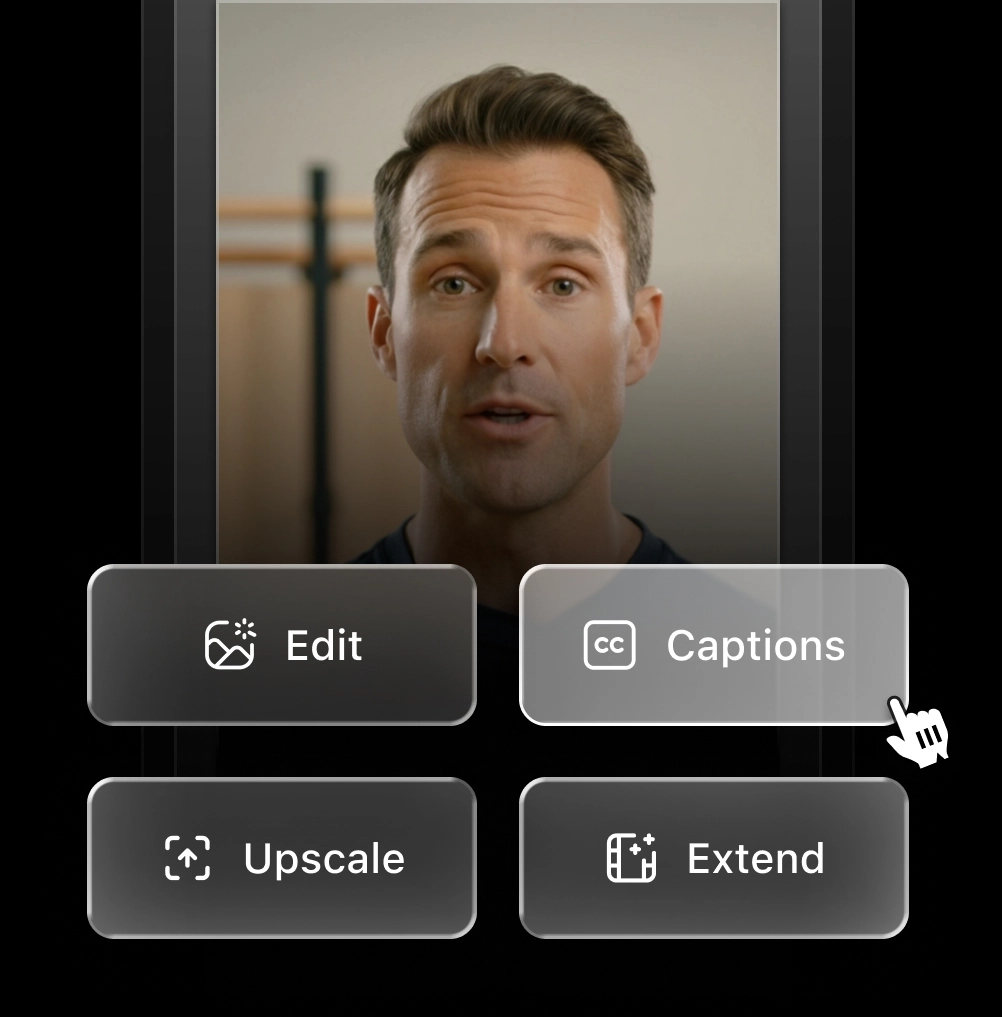 AI actor video with Edit, Captions, Upscale and Extend controls